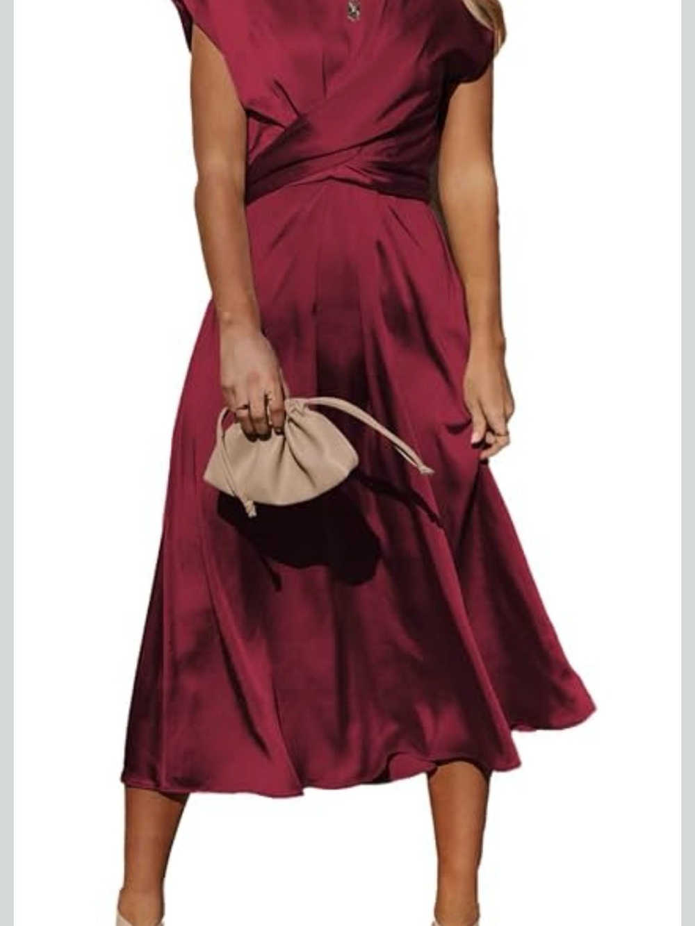 Elegant Burgundy Satin Midi Dress with Wrap Waist
